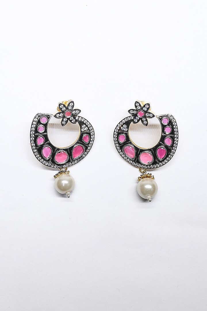 Two-Tone Finish Pink Synthetic Stone Enameled Dangler Earrings by Saptam jewels at Pernia's Pop Up Shop