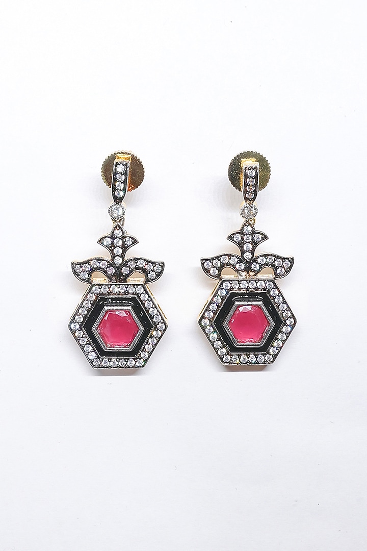 Black Rhodium Finish Pink Synthetic Stone Enameled Dangler Earrings by Saptam jewels at Pernia's Pop Up Shop