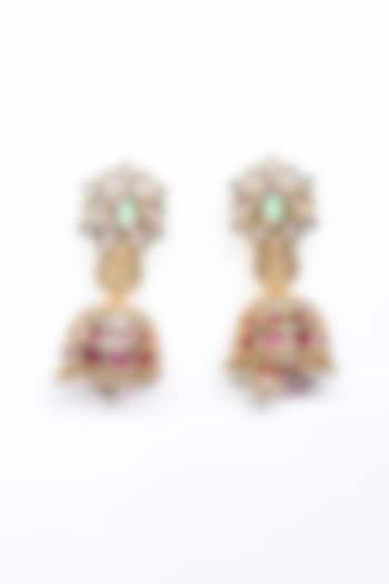Rose Gold Finish Pink Synthetic Stone Temple Dangler Earrings by Saptam jewels at Pernia's Pop Up Shop