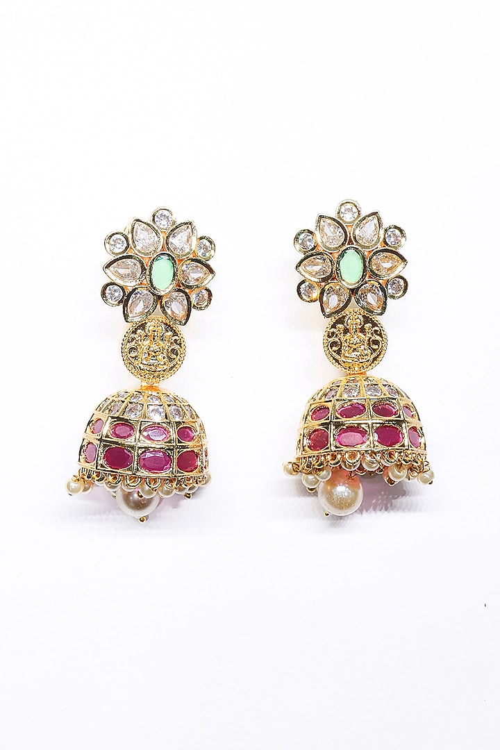 Rose Gold Finish Pink Synthetic Stone Temple Dangler Earrings by Saptam jewels at Pernia's Pop Up Shop