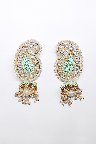 Rose Gold Finish Pearl & Green Synthetic Stone Dangler Earrings by Saptam jewels