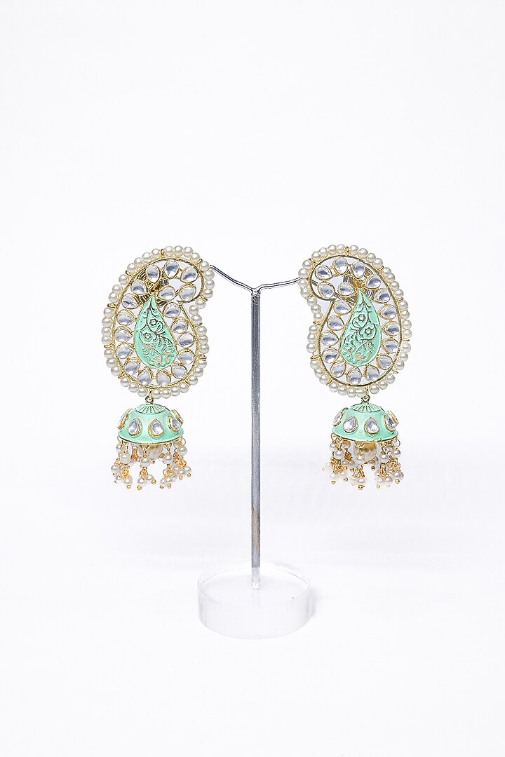Rose Gold Finish Pearl & Green Synthetic Stone Dangler Earrings by Saptam jewels at Pernia's Pop Up Shop