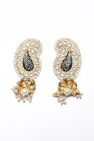 Rose Gold Finish Pearl & Black Synthetic Stone Dangler Earrings by Saptam jewels