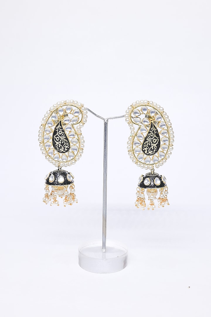 Rose Gold Finish Pearl & Black Synthetic Stone Dangler Earrings by Saptam jewels at Pernia's Pop Up Shop