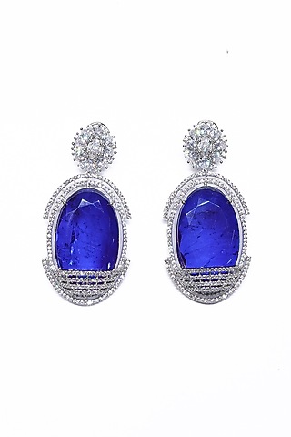 White Finish Blue Synthetic Stone Enameled Dangler Earrings by Saptam jewels