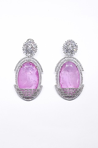 White Finish Pink Synthetic Stone Enameled Dangler Earrings by Saptam jewels