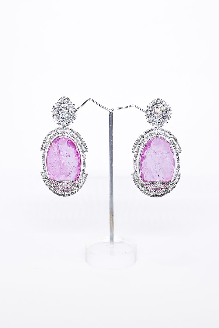 White Finish Pink Synthetic Stone Enameled Dangler Earrings by Saptam jewels at Pernia's Pop Up Shop