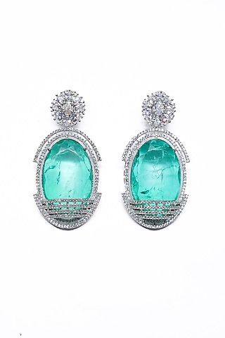 White Finish Green Synthetic Stone Enameled Dangler Earrings by Saptam jewels