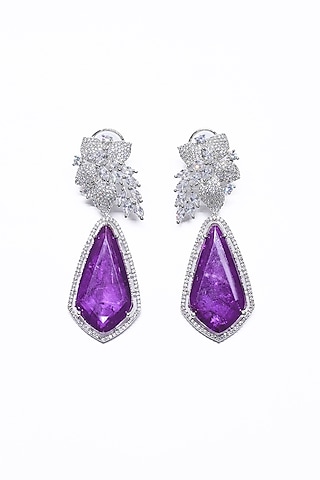 White Finish Purple Synthetic Stone Enameled Dangler Earrings by Saptam jewels