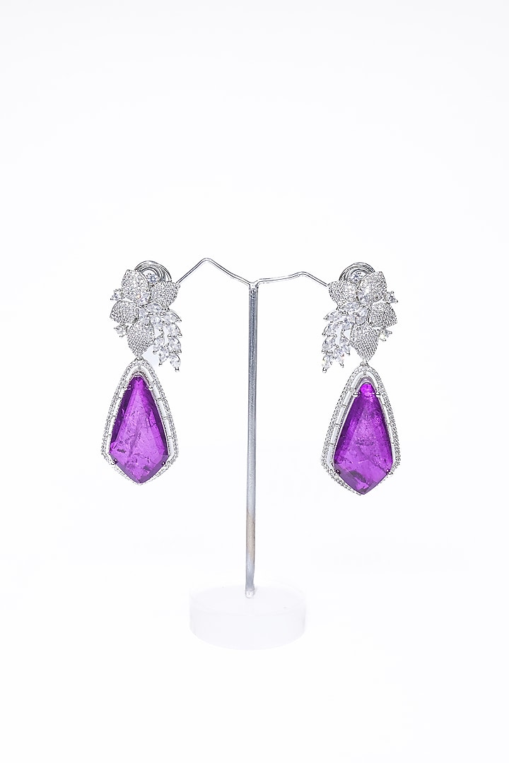White Finish Purple Synthetic Stone Enameled Dangler Earrings by Saptam jewels at Pernia's Pop Up Shop