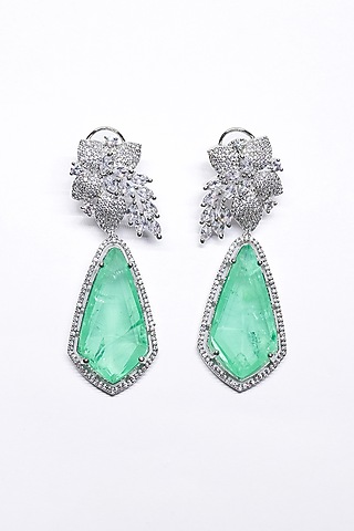 White Finish Green Synthetic Stone Enameled Dangler Earrings by Saptam jewels