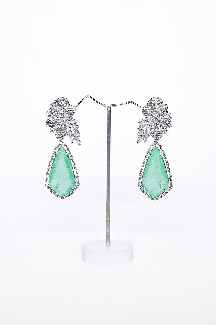 White Finish Green Synthetic Stone Enameled Dangler Earrings by Saptam jewels at Pernia's Pop Up Shop