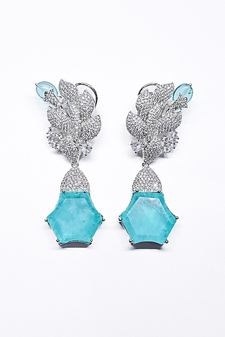 White Finish Blue Synthetic Stone Enameled Dangler Earrings by Saptam jewels