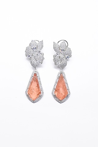 White Finish Orange Synthetic Stone Enameled Dangler Earrings by Saptam jewels