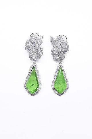 White Finish Green Synthetic Stone Enameled Dangler Earrings by Saptam jewels