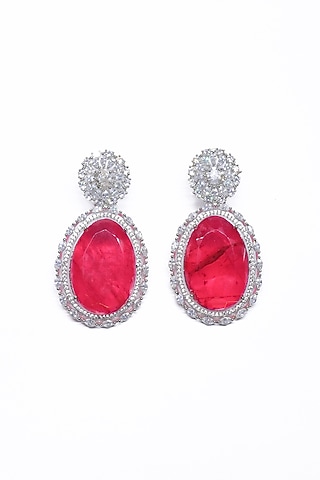 White Finish Pink Synthetic Stone Enameled Dangler Earrings by Saptam jewels