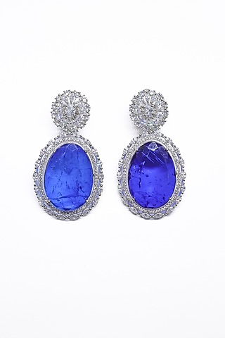 White Finish Blue Synthetic Stone Enameled Dangler Earrings by Saptam jewels
