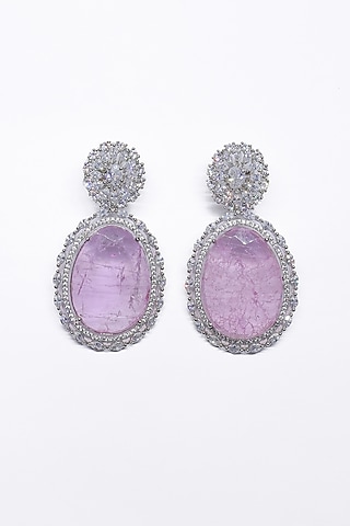 White Finish Lavender Synthetic Stone Enameled Dangler Earrings by Saptam jewels