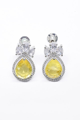 White Finish Yellow Synthetic Stone Enameled Dangler Earrings by Saptam jewels