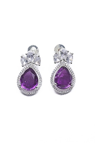White Finish Purple Synthetic Stone Enameled Dangler Earrings by Saptam jewels