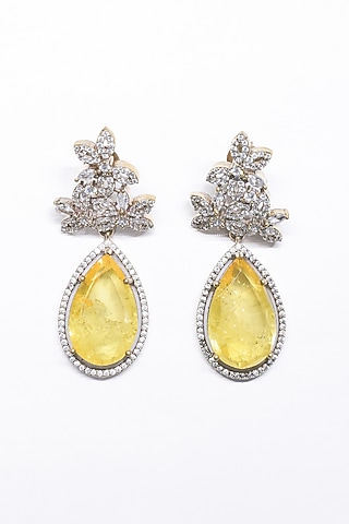 White Finish Yellow Synthetic Stone Enameled Dangler Earrings by Saptam jewels