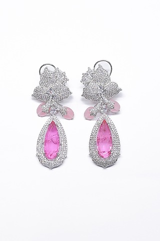 White Finish Pink Synthetic Stone Enameled Dangler Earrings by Saptam jewels