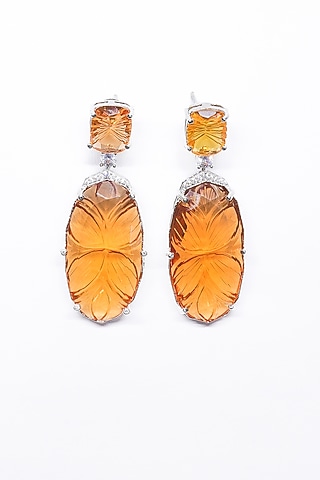 White Finish Orange Synthetic Stone Enameled Dangler Earrings by Saptam jewels