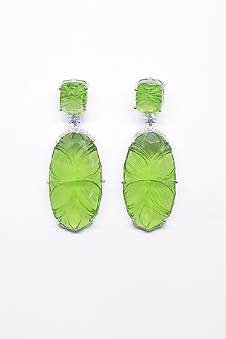 White Finish Green Synthetic Stone Enameled Dangler Earrings by Saptam jewels