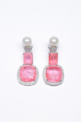 White Finish Pink Synthetic Stone Enameled Dangler Earrings by Saptam jewels