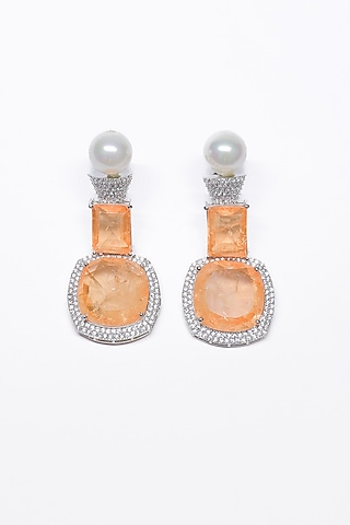 White Finish Orange Synthetic Stone Enameled Dangler Earrings by Saptam jewels