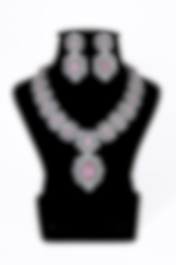 White Finish Pink Synthetic Stone Enameled Necklace Set by Saptam jewels at Pernia's Pop Up Shop