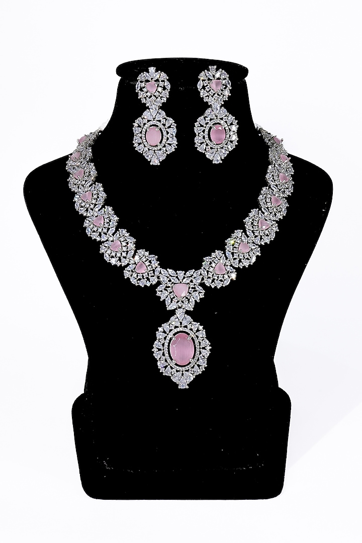White Finish Pink Synthetic Stone Enameled Necklace Set by Saptam jewels at Pernia's Pop Up Shop