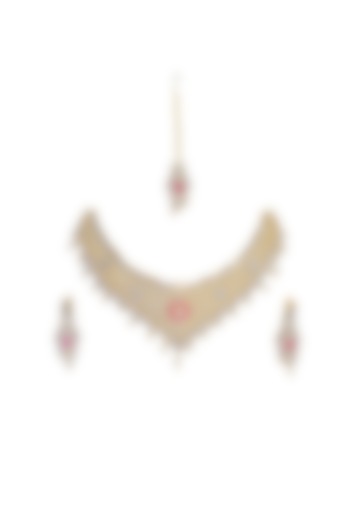 Rose Gold Finish Gold Synthetic Stone Temple Necklace Set by Saptam jewels at Pernia's Pop Up Shop