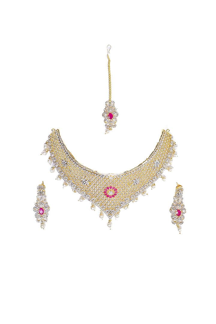 Rose Gold Finish Gold Synthetic Stone Temple Necklace Set by Saptam jewels at Pernia's Pop Up Shop