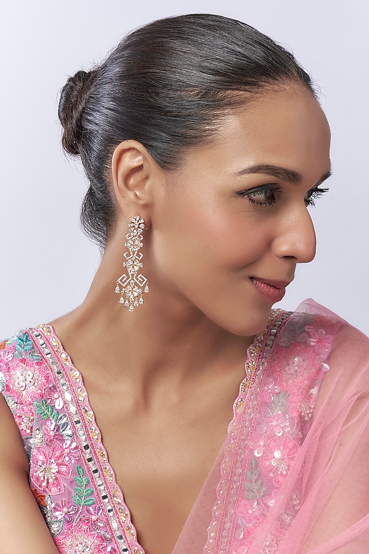 Rose Gold Finish Diamond Cluster Dangler Earrings by Saptam jewels at Pernia's Pop Up Shop