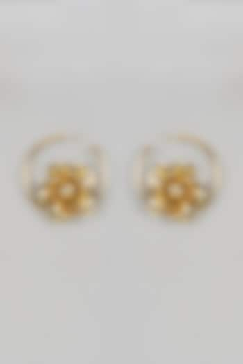 Gold Finish Floral Hoop Earrings by Saptam jewels at Pernia's Pop Up Shop