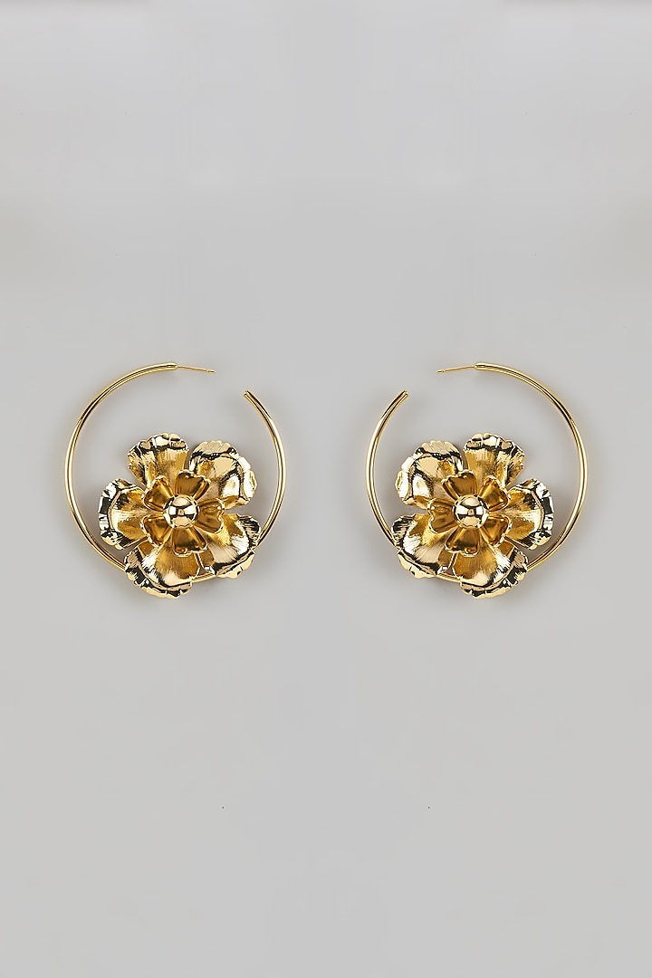 Gold Finish Floral Hoop Earrings by Saptam jewels at Pernia's Pop Up Shop