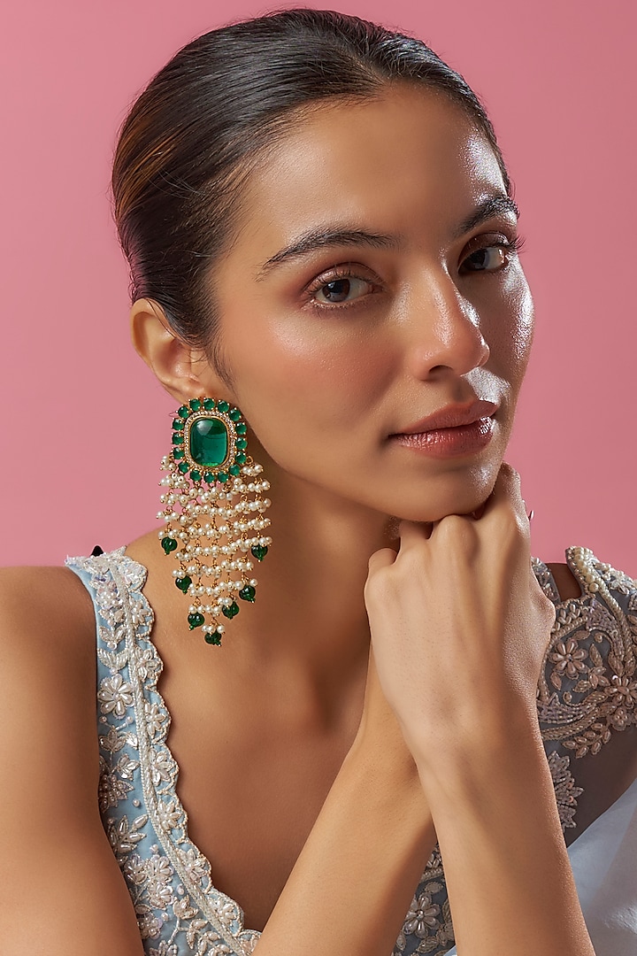 Two-Tone Finish Emerald Stone & Pearl Dangler Earrings by Saptam jewels at Pernia's Pop Up Shop