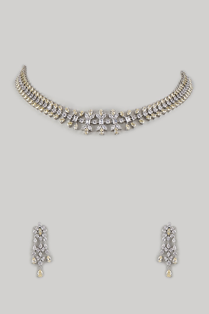 White Finish Diamond Layered Necklace Set by Saptam jewels at Pernia's Pop Up Shop