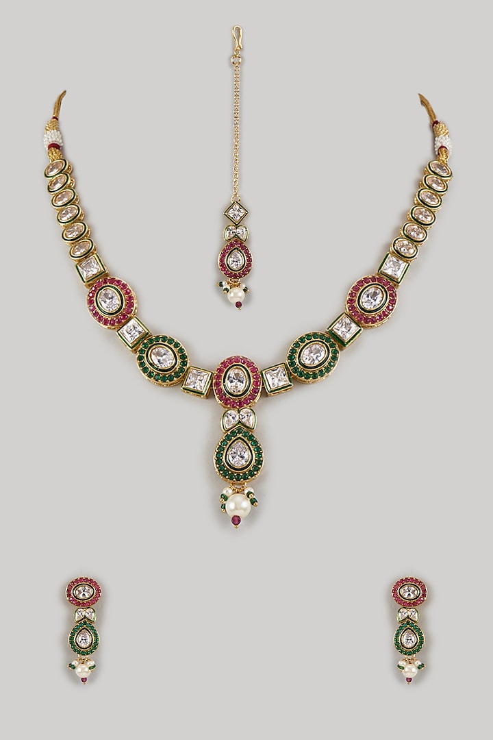 White Finish Kundan Polki & Multi-Colored Stone Necklace Set by Saptam jewels at Pernia's Pop Up Shop