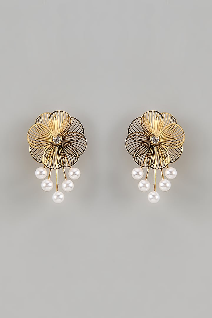 Gold Finish Pearl S-Shaped Floral Dangler Earrings by Saptam jewels at Pernia's Pop Up Shop