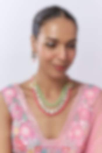 Rose Gold Finish Kundan Polki & Pink Beaded Layered Necklace Set by Saptam jewels at Pernia's Pop Up Shop