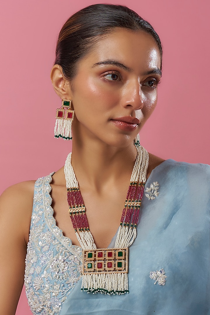 Two-Tone Finish Kundan Polki & Pink Pearl Layered Necklace Set by Saptam jewels at Pernia's Pop Up Shop