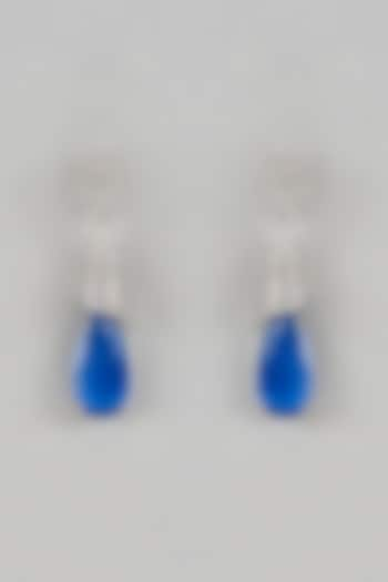 White Finish Blue Stone Teardrop Dangler Earrings by Saptam jewels at Pernia's Pop Up Shop