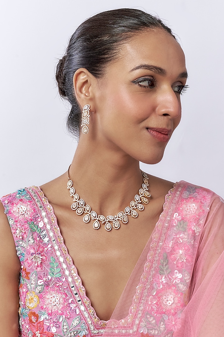 Gold Finish Diamond & Pearl Long Necklace Set by Saptam jewels at Pernia's Pop Up Shop