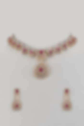 Rose Gold Finish Diamond & Ruby Stone Choker Necklace Set by Saptam jewels at Pernia's Pop Up Shop