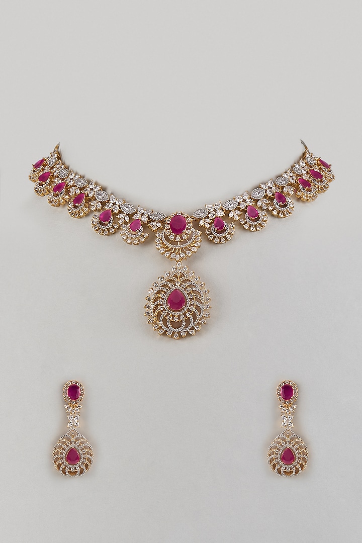 Rose Gold Finish Diamond & Ruby Stone Choker Necklace Set by Saptam jewels at Pernia's Pop Up Shop