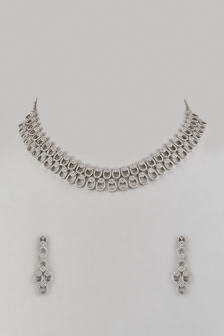 White Finish Diamond Layered Chain Necklace Set by Saptam jewels at Pernia's Pop Up Shop