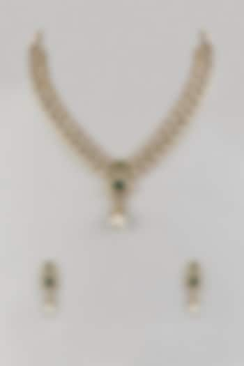 White Finish Pearl & Emerald Stone Necklace Set by Saptam jewels at Pernia's Pop Up Shop