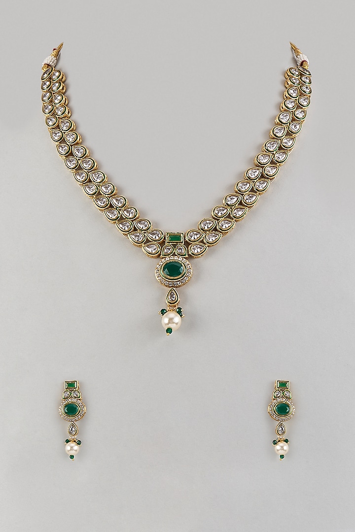 White Finish Pearl & Emerald Stone Necklace Set by Saptam jewels at Pernia's Pop Up Shop